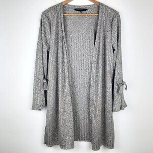 Stunning Open Front Long Cardigan Size 14. Gray Metallic Slit Cuff Bow Detailing